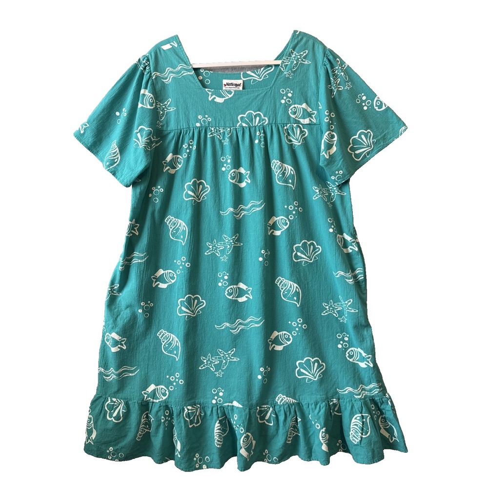 National Lounge Dress Mumu Teal Blue Sea Fish Crinkle Ruffle Pocket L Resort